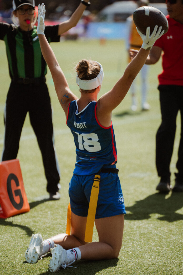 Lucie Vinot of Team France celebrates a touchdown at the 2026 IFAF flag football world championships